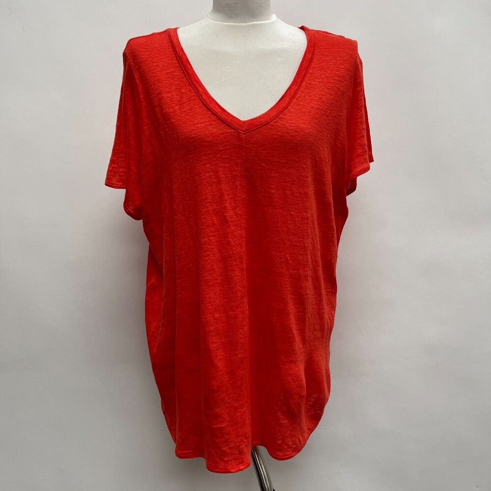 Tahari Women's Top‎ Size 1X Orange 100% Linen Short Sleeve V-Neck